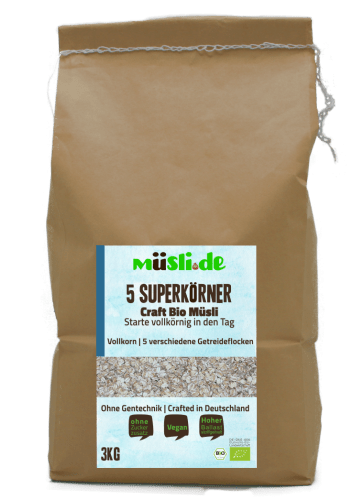 Bild der Verpackung (Dose) des Bio Müslis 5 Superkörner 3kg von müsli.de