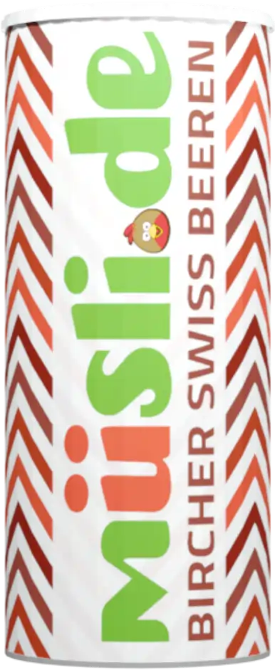 Bild der Verpackung (Dose) des Bio Müslis Bircher Swiss Beeren von müsli.de