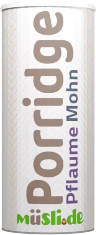 Bild der Verpackung (Dose) des Bio Müslis Pflaume-Mohn Porridge von müsli.de