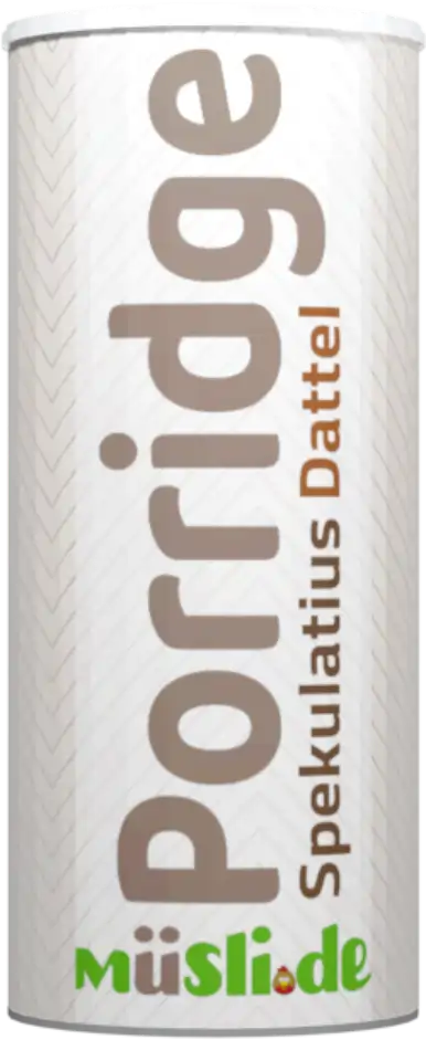 Bild der Verpackung (Dose) des Bio Müslis Spekulatius Dattel Porridge von müsli.de